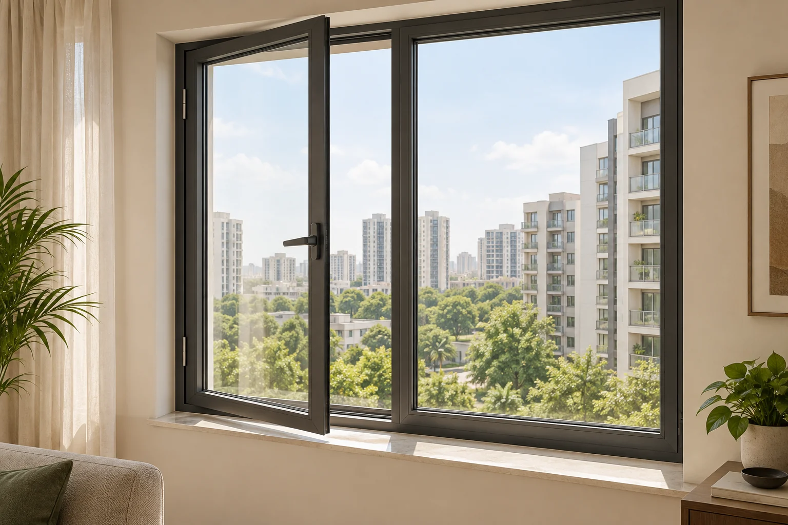 Illustrative dark aluminium window with an open hinged sash