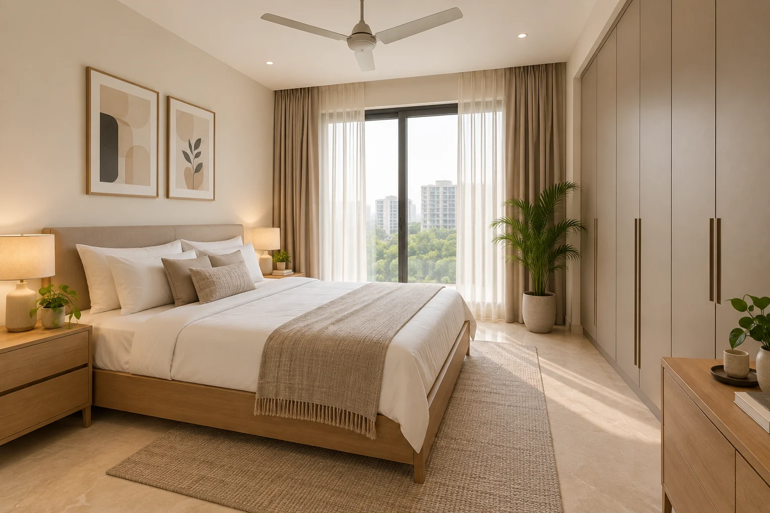 Illustrative contemporary bedroom with a bed and integrated storage