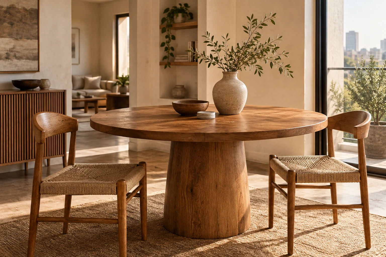 Illustrative wood dining table with woven chairs