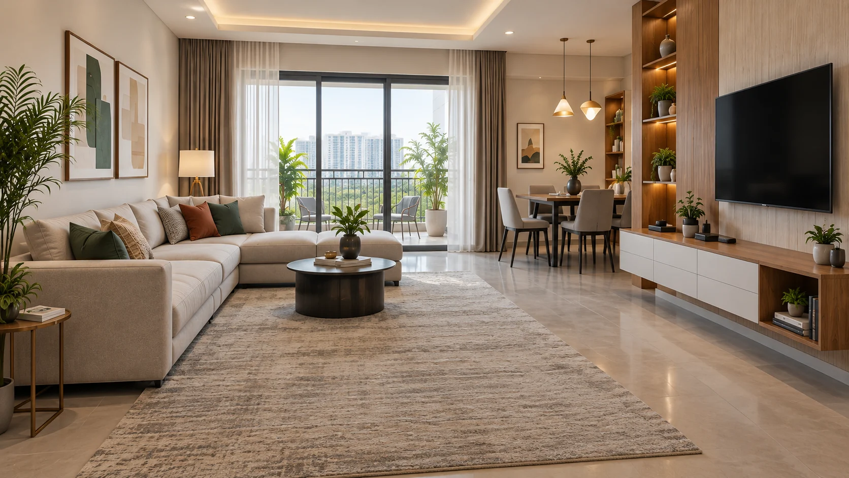 Illustrative living and dining room with thoughtful storage and warm finishes