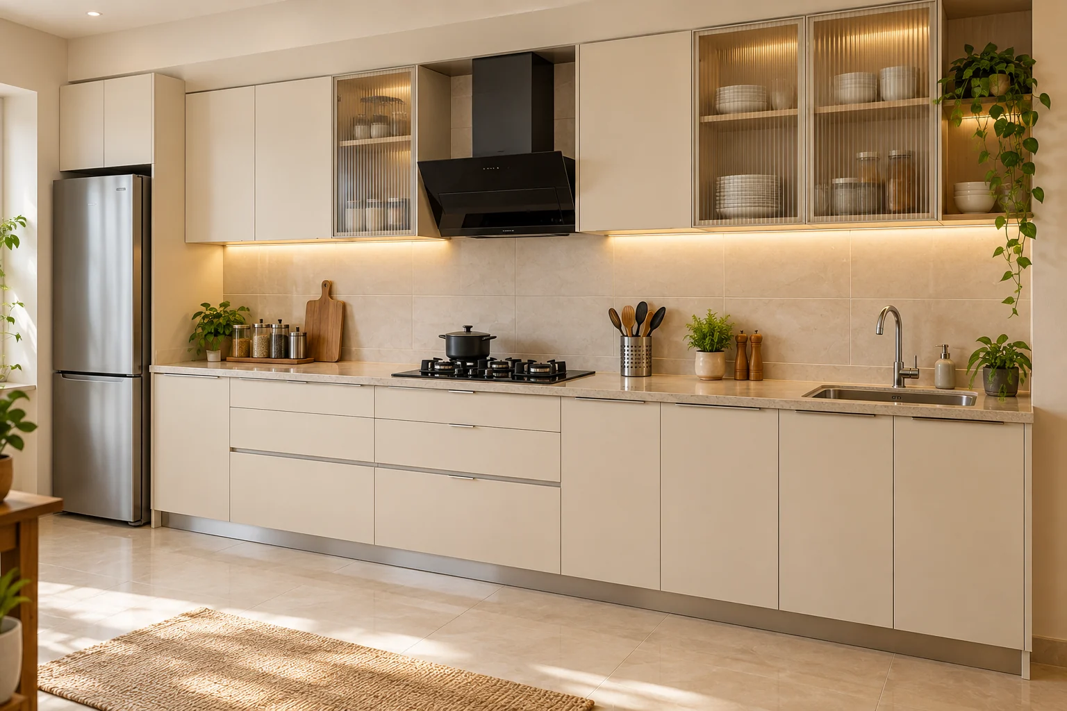 Illustrative single-wall white kitchen with glass-fronted cabinets
