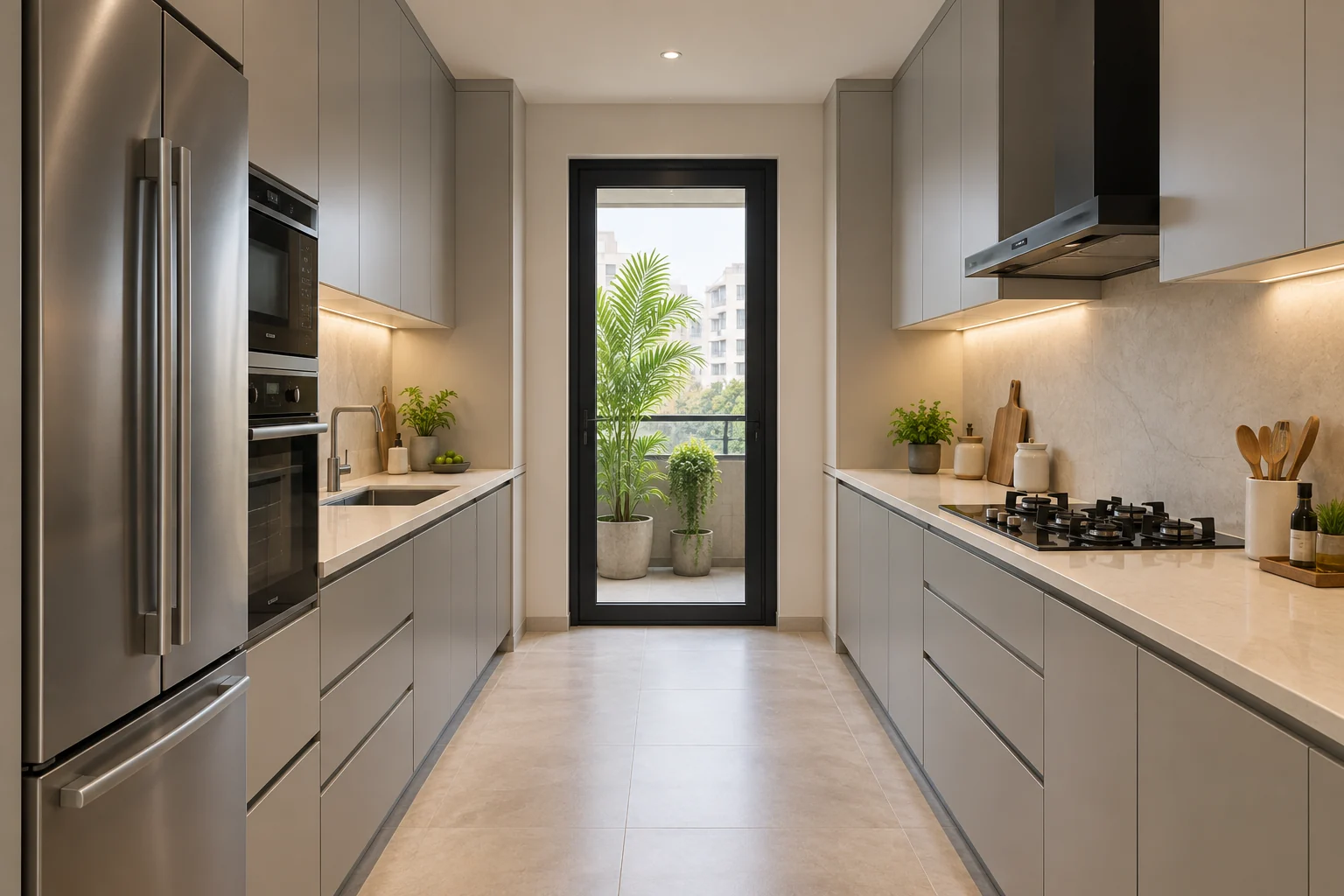 Illustrative light grey galley kitchen with two parallel worktops
