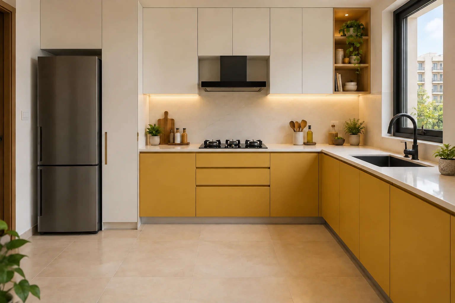 Illustrative L-shaped kitchen with mustard yellow cabinet accents