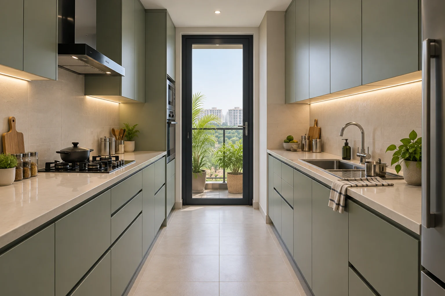 Illustrative sage kitchen with two facing counter runs and a clear central aisle