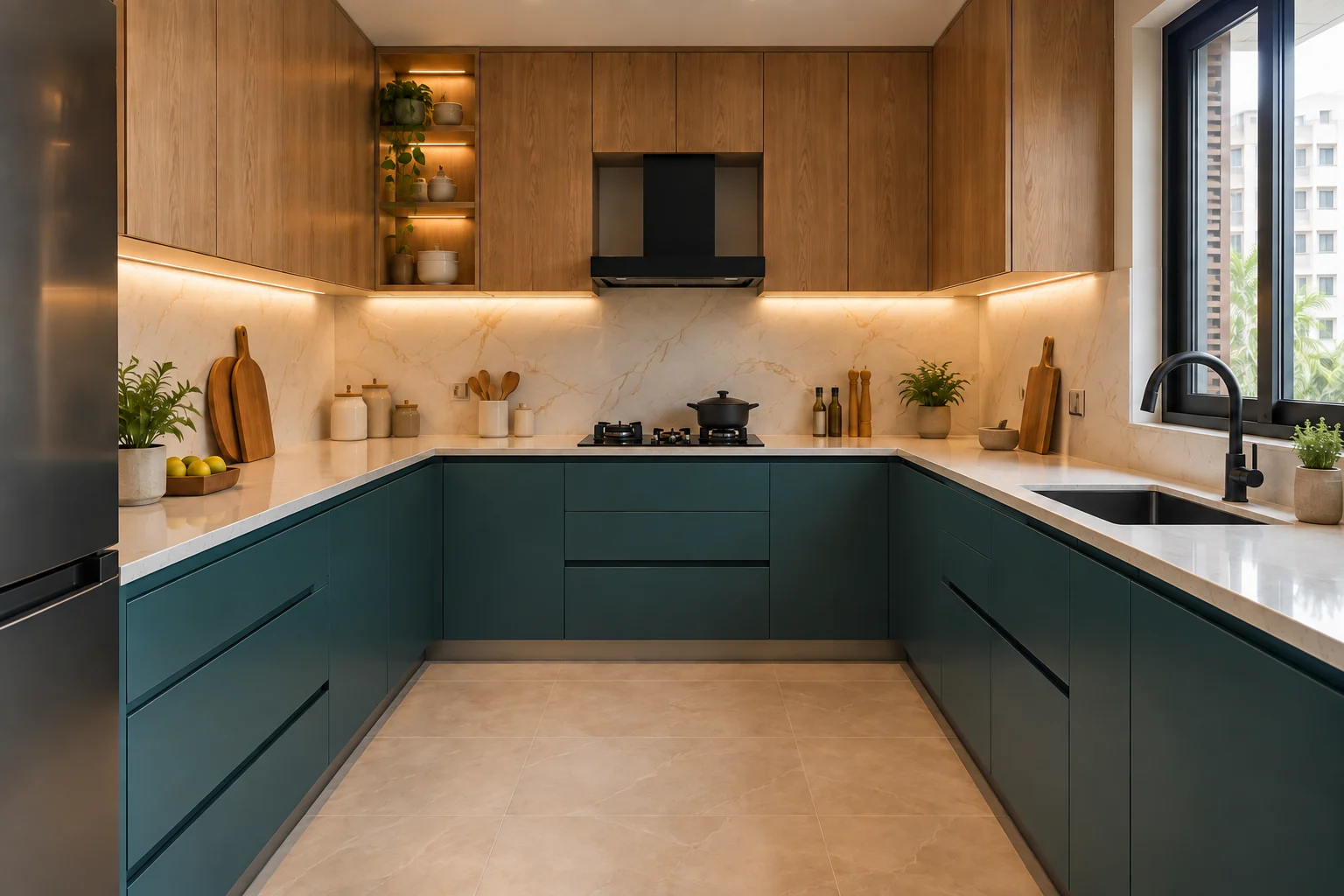 Illustrative U-shaped kitchen with teal and wood cabinets