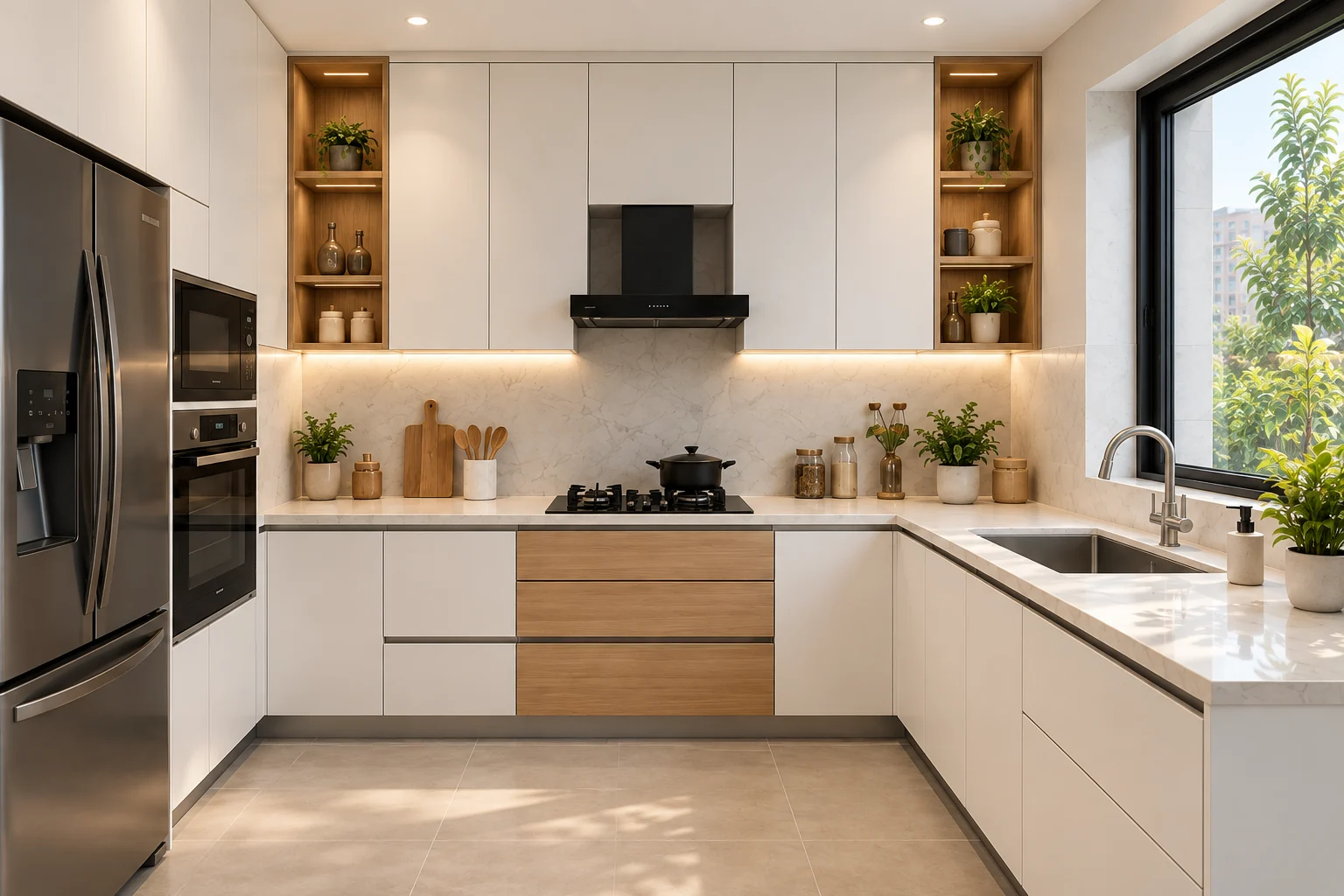 Illustrative white and oak kitchen with a right-hand counter return and window-side sink