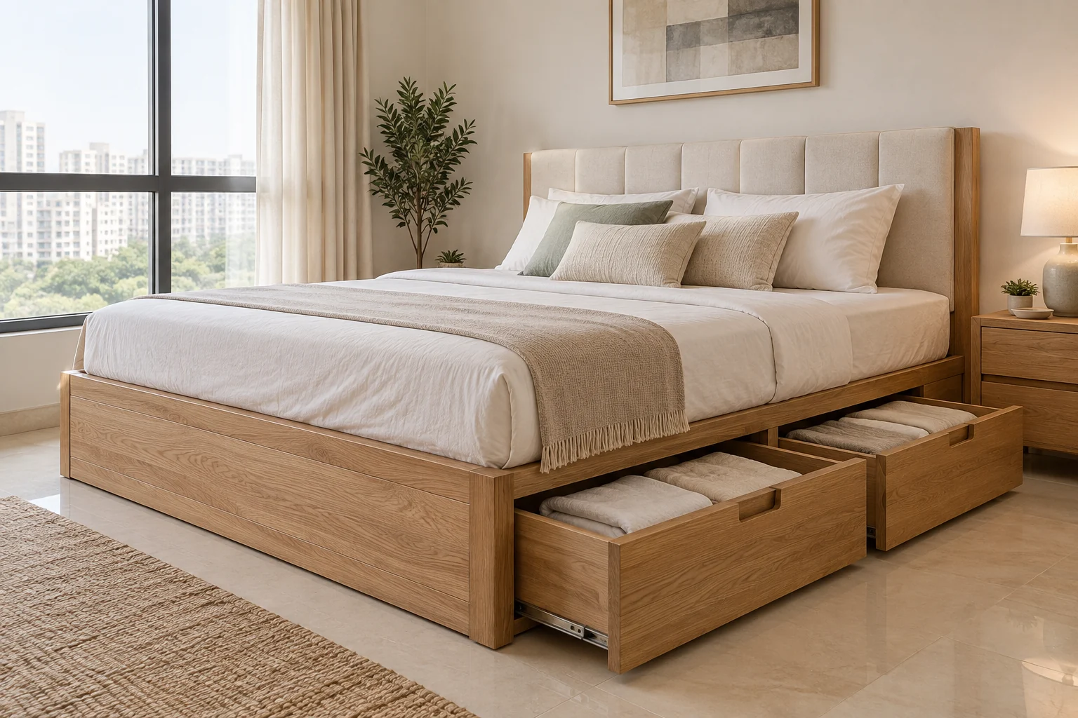 Illustrative oak double bed with open under-bed storage drawers
