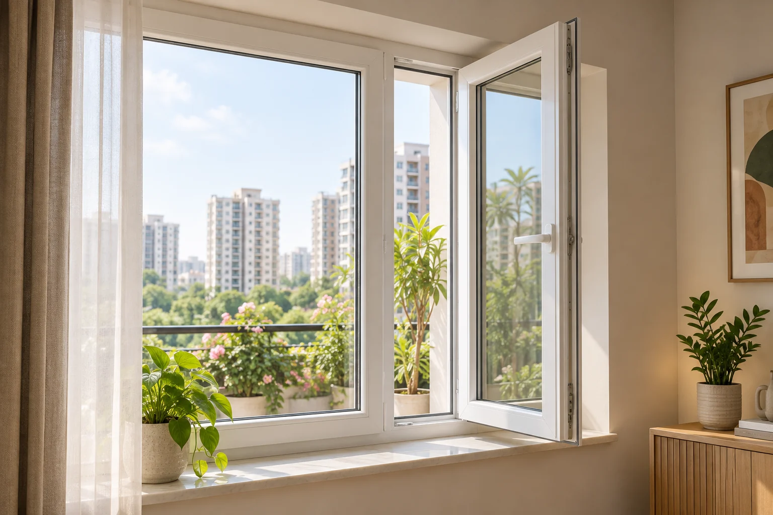 Illustrative white uPVC window with a hinged sash open