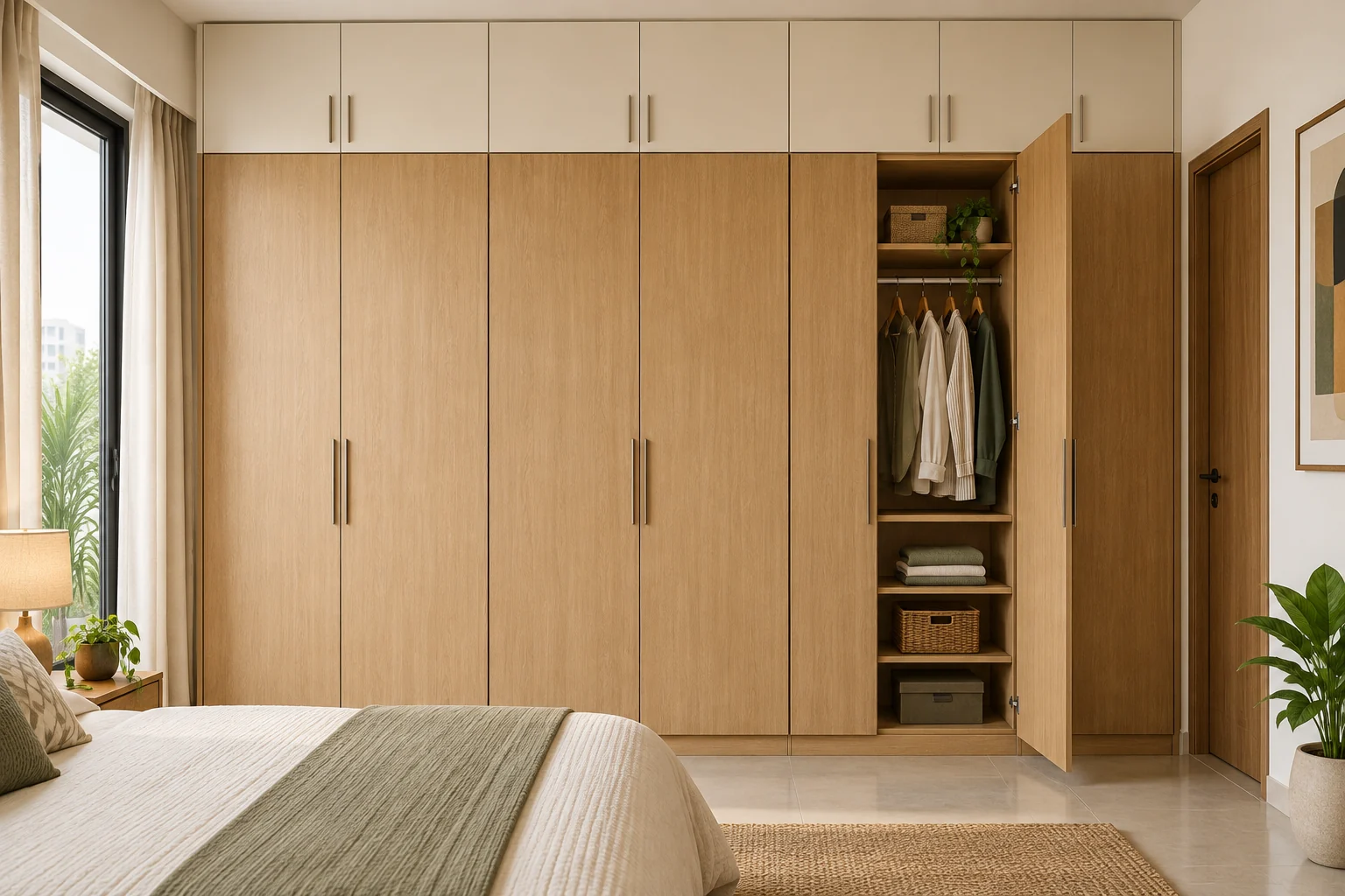 Illustrative oak and ivory wardrobe with loft storage and an open door