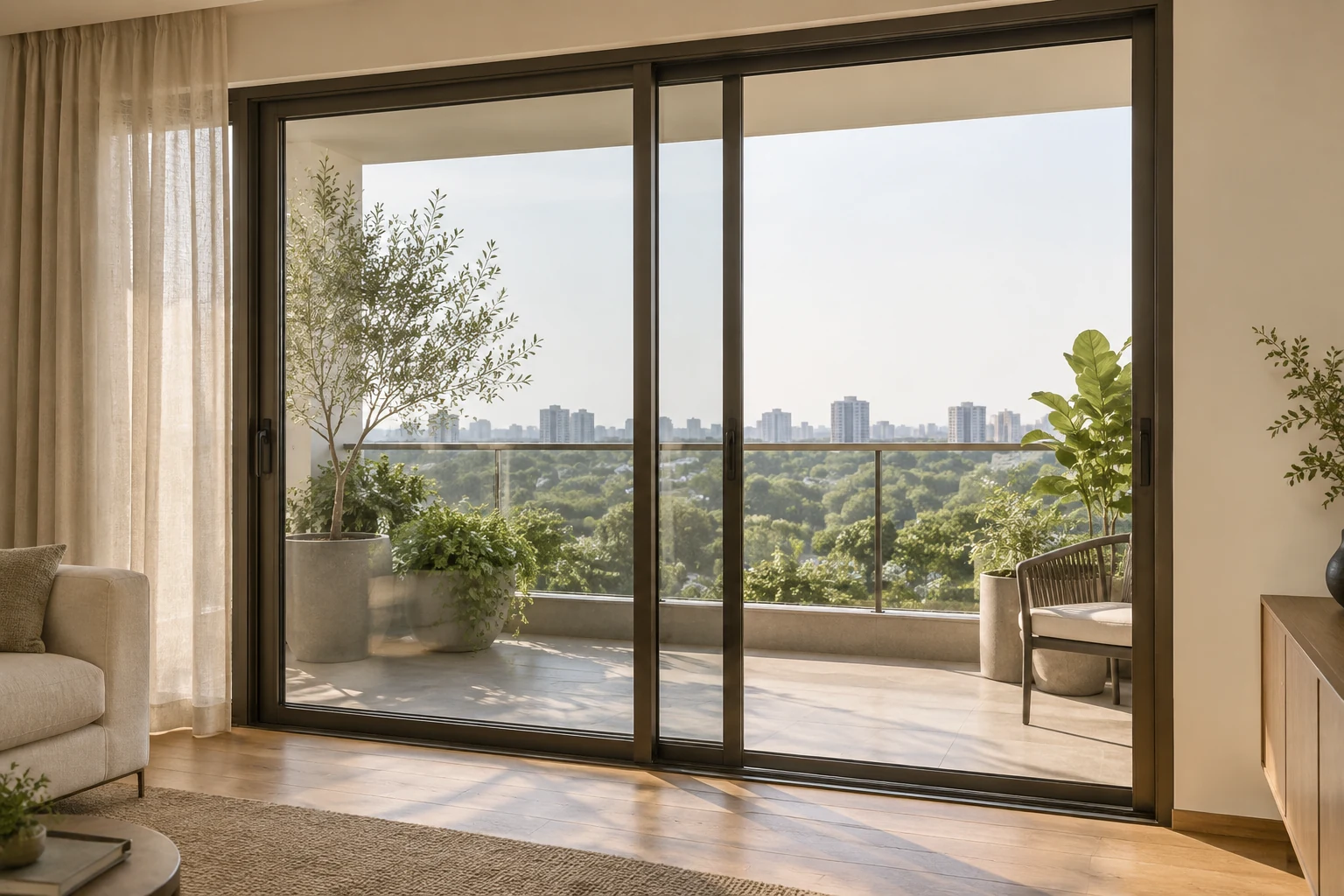 Illustrative slim-framed sliding balcony doors